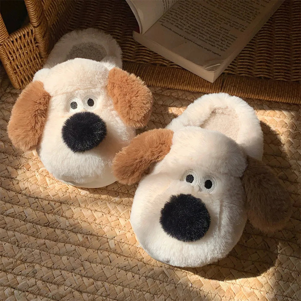 Women Home Soft Sole Cotton Slippers Cartoon Cute Dog Fluffy Slippers Female Winter Slides Ladies Plush Indoor Flats Flip Flops