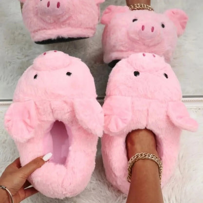 Women's House Fur Slippers Casual Cute 3D-shaped Lovely Pig Shark Design Pink Winter Indoor Non-slip Warm Soft Soles Comfy Home