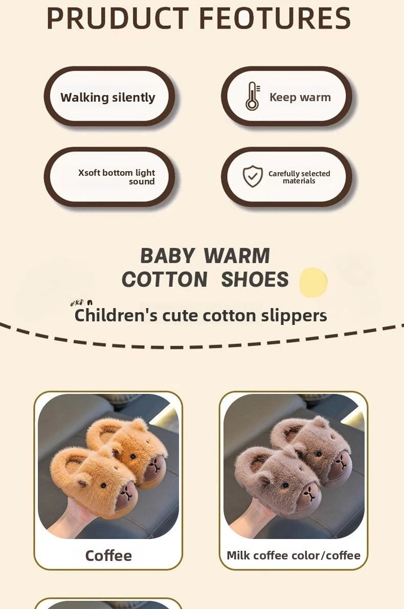 Cute Capybara Cotton Slippers for Children Winter 2025 New Warm Fluffy Home Shoes for Anti Slip Plush Slippers for Children