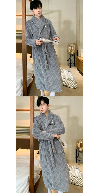 Turn-down V-neck Robes for Men 2025 New Winter Warm Flannel Robes Solid Soft Thick Fleece Sleepwear Male Casual Loose Home Wear