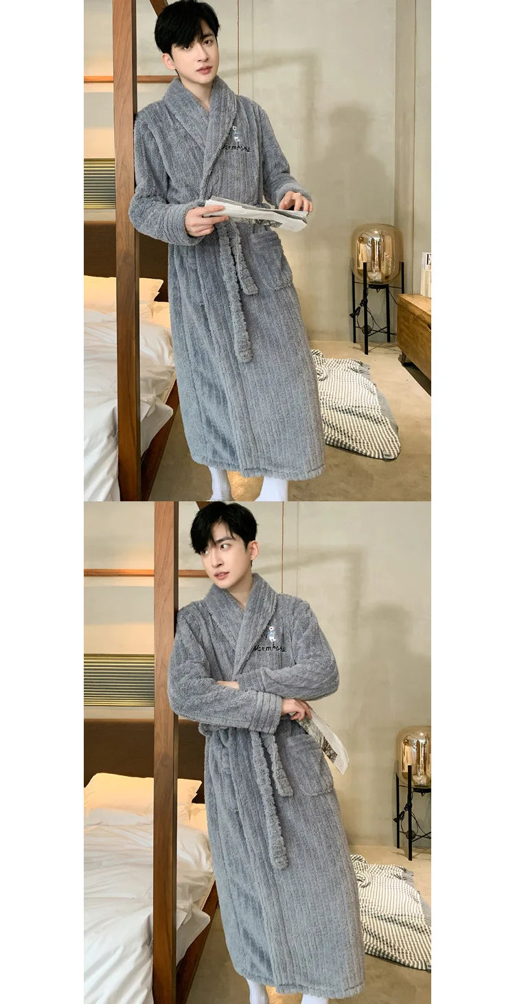 Turn-down V-neck Robes for Men 2025 New Winter Warm Flannel Robes Solid Soft Thick Fleece Sleepwear Male Casual Loose Home Wear