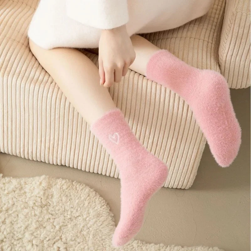Thickened Middle Tube Socks Mink Fur Pink Embroidered Heart-shaped Women Autumn Winter Warm Sleep Home Solid Color Plush Sock