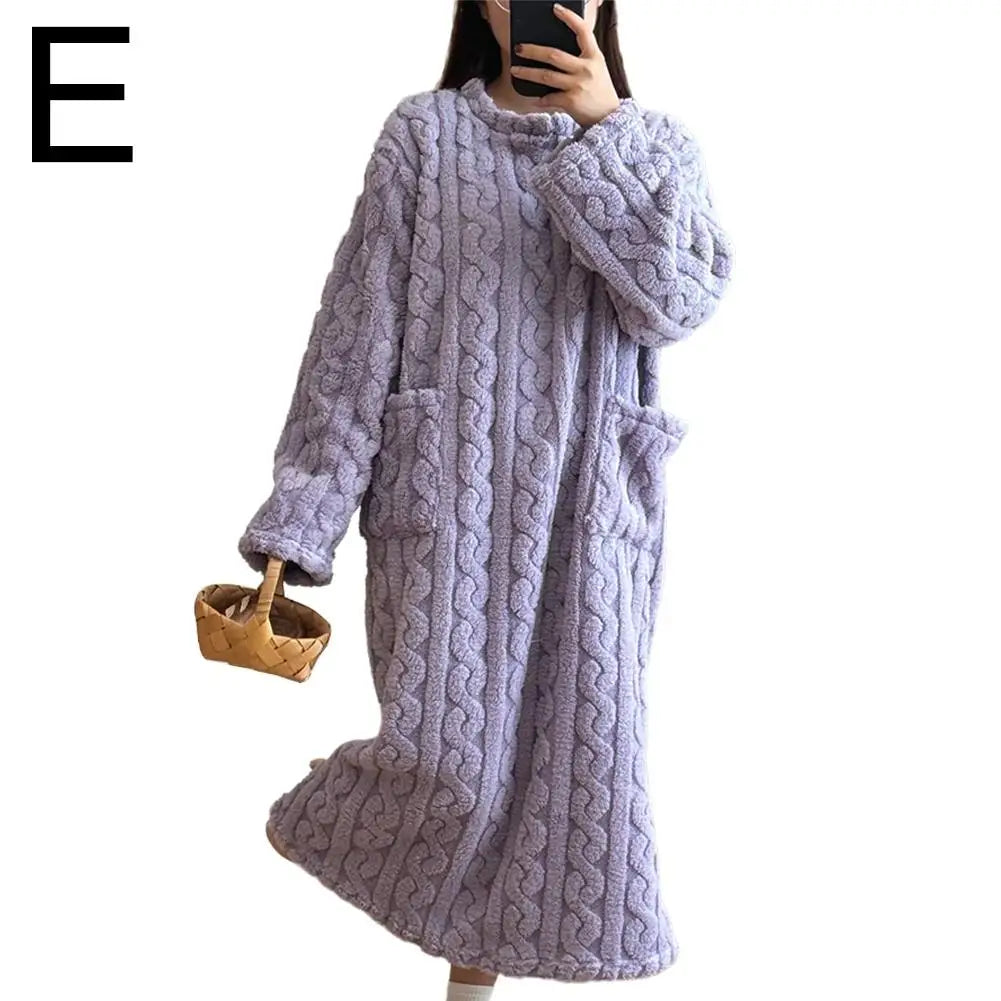 Winter Long Sleeve Flannel Nightgowns Women Loose Double Pocket Solid Sleepwear Jacquard Night Dress Thickened Warm Nightdress
