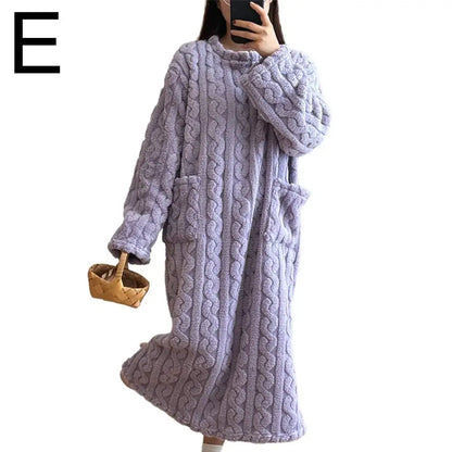 Winter Long Sleeve Flannel Nightgowns Women Loose Double Pocket Solid Sleepwear Jacquard Night Dress Thickened Warm Nightdress