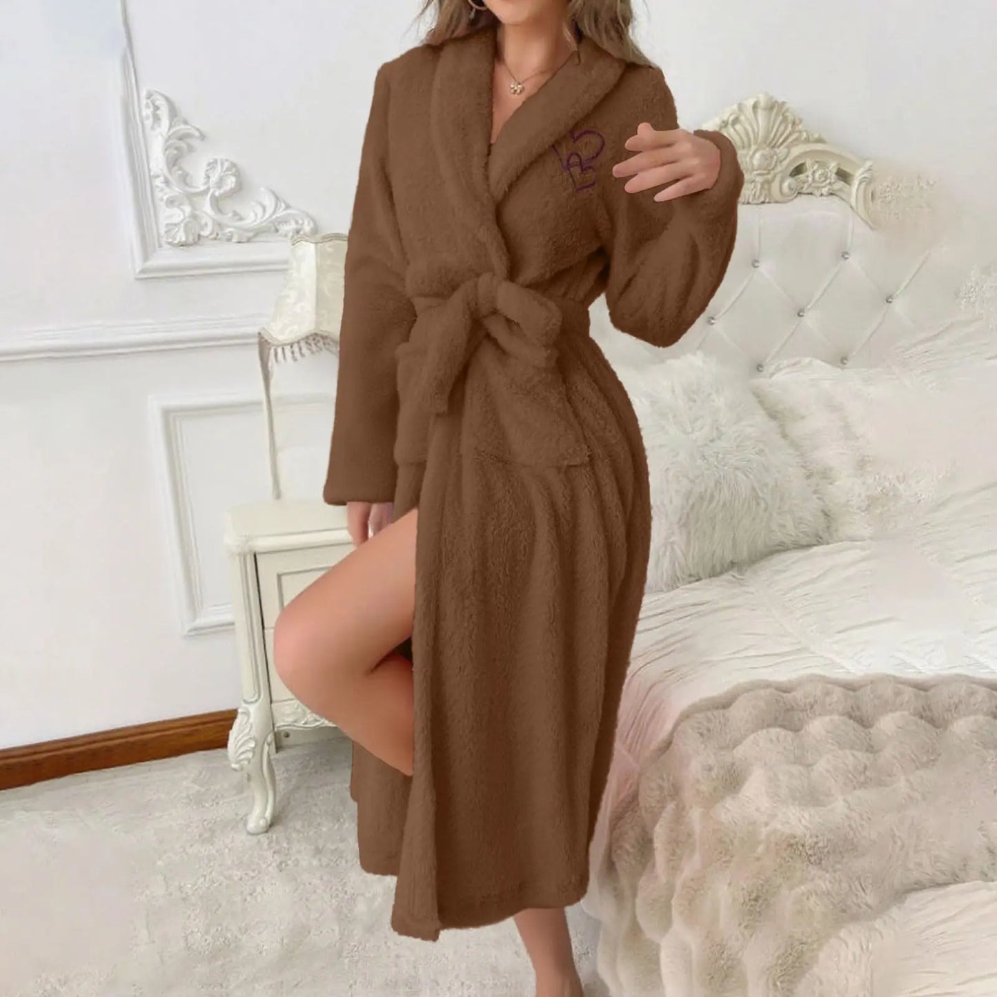 Women'S Long Sleeved Autumn And Winter Warm Bathrobe Home Clothes Plush Sleeping Robe Home Clothes For Home Wear