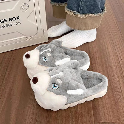 Men Indoor Cotton Slippers Cute Cartoon Dog Winter Warm Shoes Couples Home Floor Slides Anti-slip  Female Male House Footwear