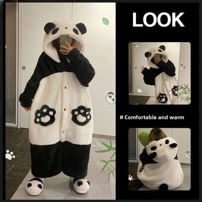 Cute Plush Bear Robe Women's Autumn Winter Coral Fleece Thickened One-Piece Sleepwear Home Clothes Robe Comfortable Homewear