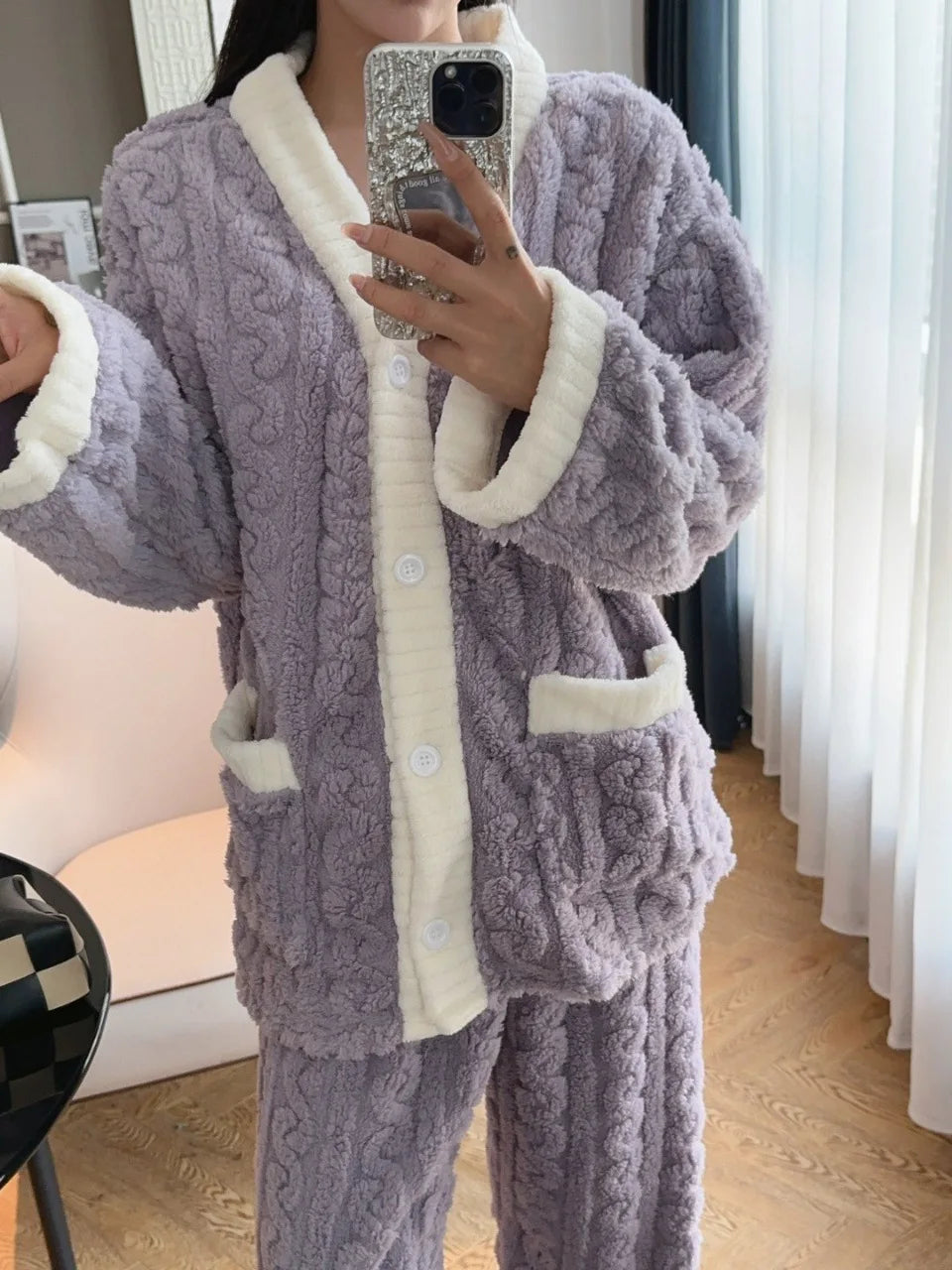 2pcs/Set Autumn and Winter Pajamas Women Thickened Padded Warm Students Coral Girls Clot Velvet Suit Homewear Cardigan Trousers