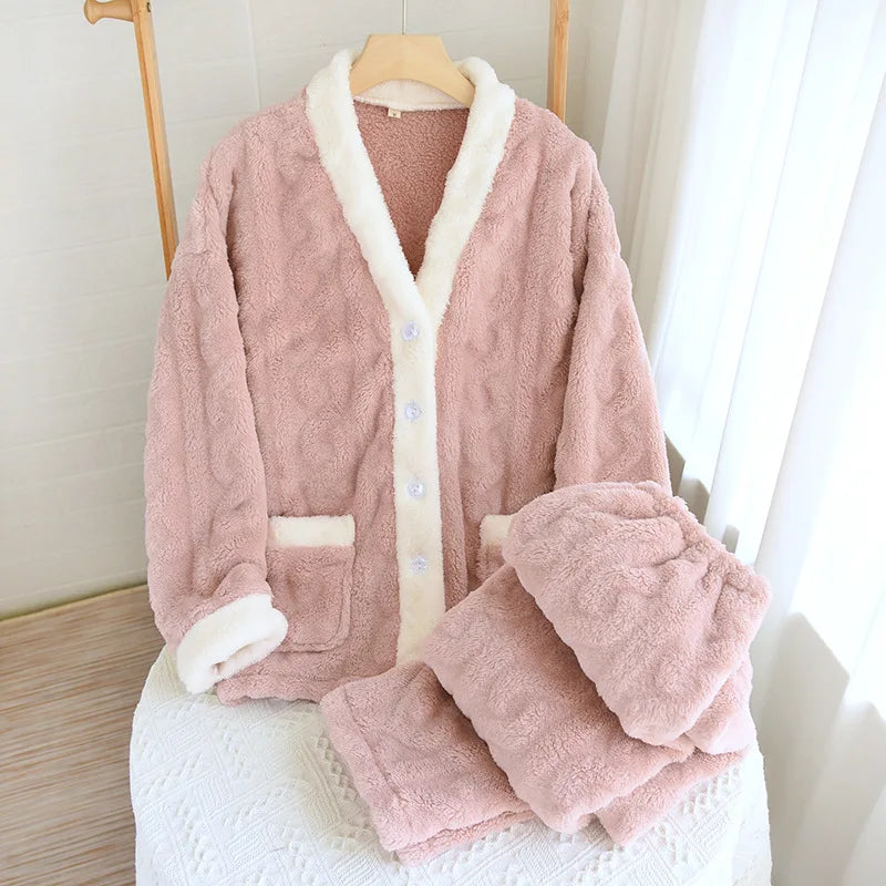 Thickened Flannel V-Neck Couple Sleepwear Long Sleeve Home Clothes Set for Autumn Winter Warm Polyester Fiber Open Cardigan