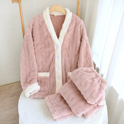Thickened Flannel V-Neck Couple Sleepwear Long Sleeve Home Clothes Set for Autumn Winter Warm Polyester Fiber Open Cardigan