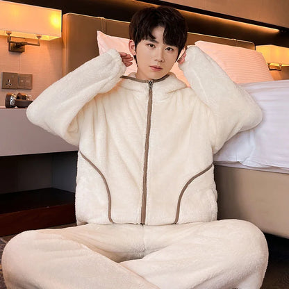 6XL 7XL 8XL Winter Men's Hooded Homewear Heavy Plus Velvet Zipper Cardigan Plus Size Pajamas Pants Keep Warm White Black Suit