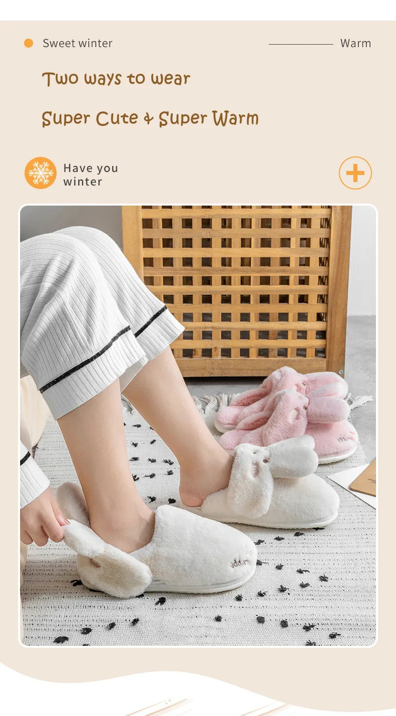 Women Winter Home Slippers Non-Slip Soft Warm House Shoes Men Ladies Indoor Bedroom Couples Cartoon Rabbit Bear Floor Slides