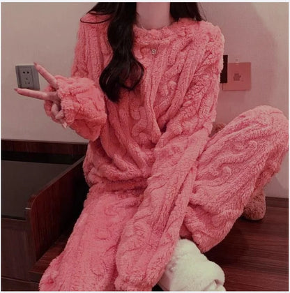 Autumn Winter Sweet Coral Fleece Pajamas Women Fleece-lined Thickened 2025 New Zip-up Flannel Warm Home Wear Set