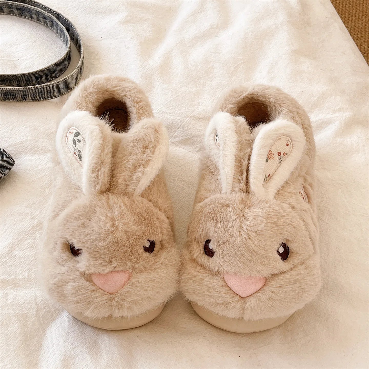 Cute Rabbit Embroidery Cotton Slippers Women's Winter New Style Indoor Home Anti-slip Warm Plush Wrapped Heel Cotton Shoes Ou...