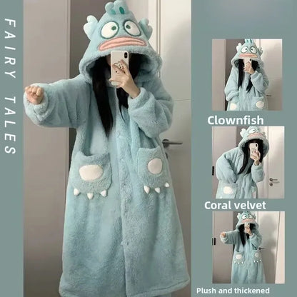 Cute Plush Bear Robe Women's Autumn Winter Coral Fleece Thickened One-Piece Sleepwear Home Clothes Robe Comfortable Homewear
