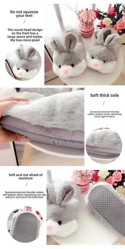Thickened Plush Home Slippers for Men And Women Cute Rabbit Design Indoor Couples Cotton Slippers with Heel Indoor Shoes