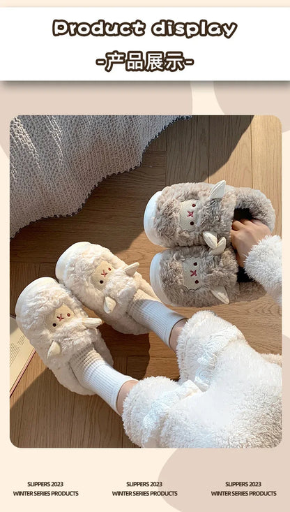 Winter Cartoon Plush Slippers Warm Fluffy Faux Fur Sheep Design Indoor Home Couple Cotton Slippers for Men And Women