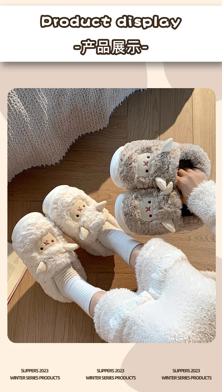 Winter Cartoon Plush Slippers Warm Fluffy Faux Fur Sheep Design Indoor Home Couple Cotton Slippers for Men And Women