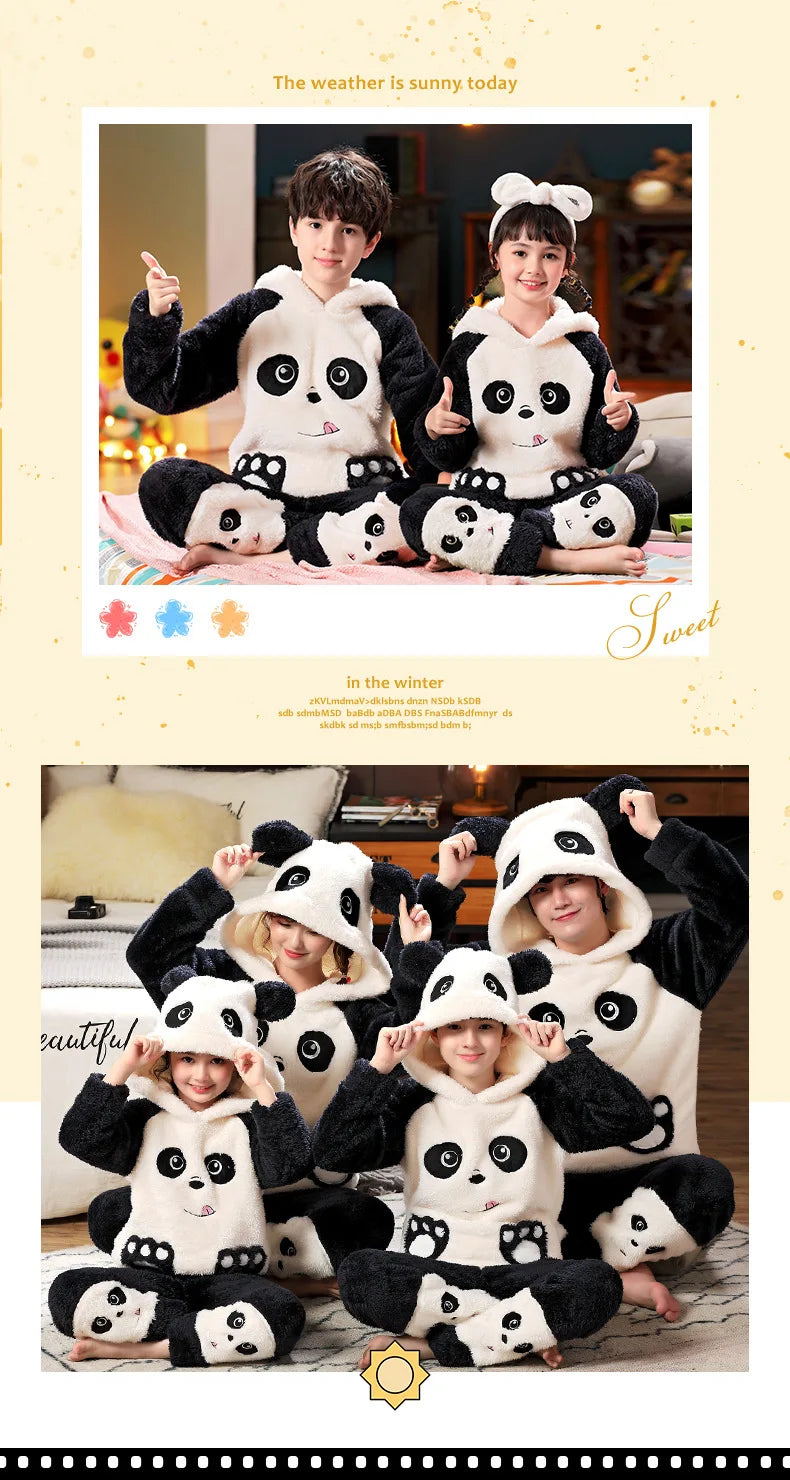 Winter Kids Fleece Pajamas Panda Children Clothing Sets Thick Hooded Pijamas for 4 6 8 12 Years Animal Cartoon Warm Home Clothes
