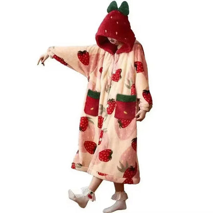 Cute Plush Bear Robe Women's Autumn Winter Coral Fleece Thickened One-Piece Sleepwear Home Clothes Robe Comfortable Homewear