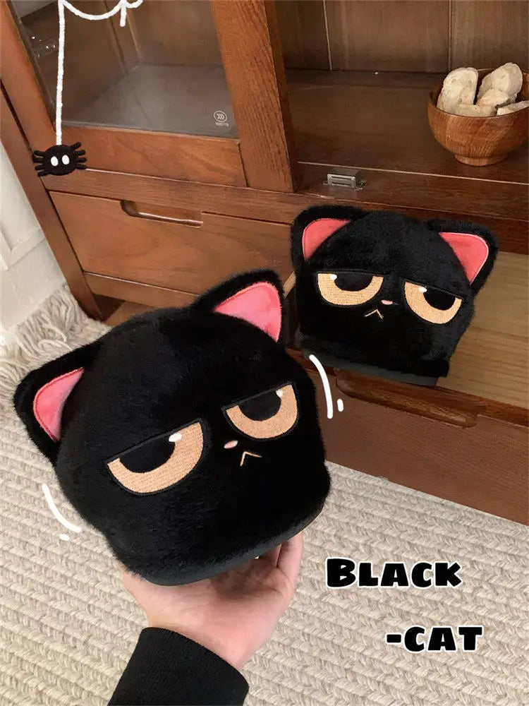 Winter black unhappy kitty slippers women men indoor home slides shoes ladies fun fuzzy kitten slipper cat lovers indoor shoes
