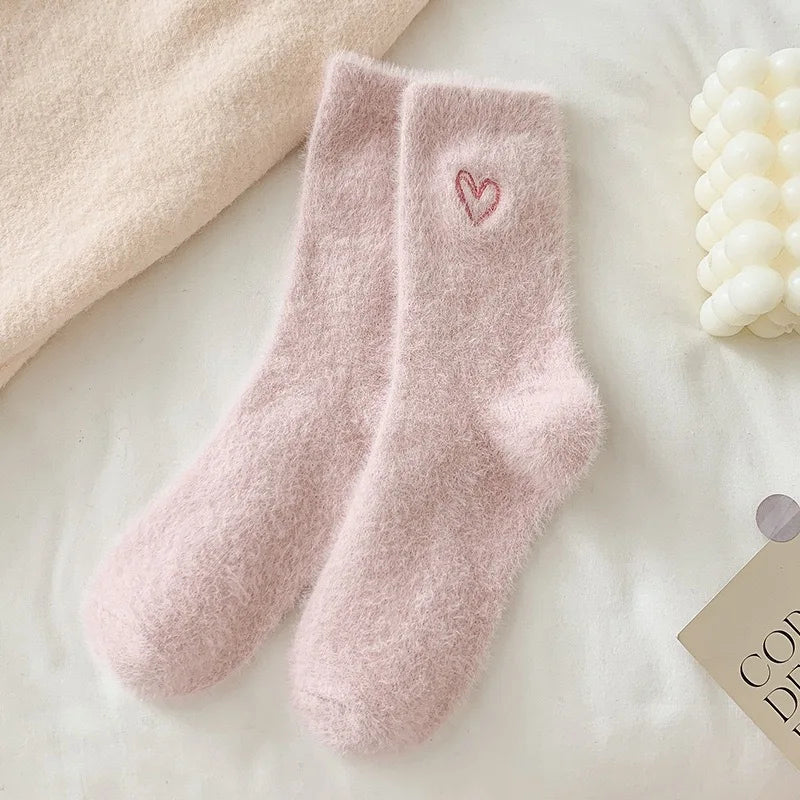 Thickened Middle Tube Socks Mink Fur Pink Embroidered Heart-shaped Women Autumn Winter Warm Sleep Home Solid Color Plush Sock