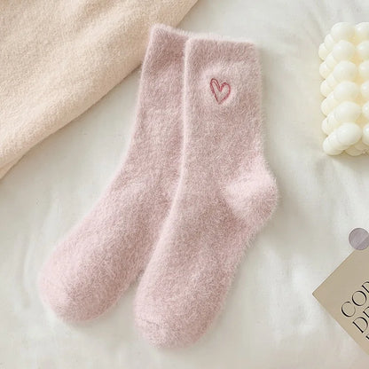 Thickened Middle Tube Socks Mink Fur Pink Embroidered Heart-shaped Women Autumn Winter Warm Sleep Home Solid Color Plush Sock