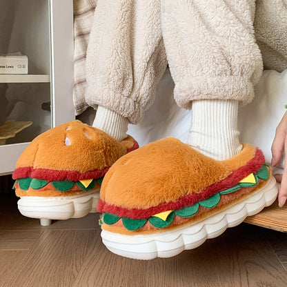Hamburger cotton slippers for women in winter, new home bag and warm plush couple cotton shoes for women