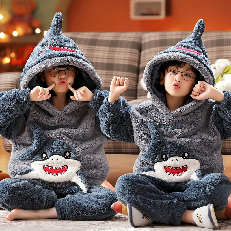 Winter Kids Fleece Pajamas Panda Children Clothing Sets Thick Hooded Pijamas for 4 6 8 12 Years Animal Cartoon Warm Home Clothes