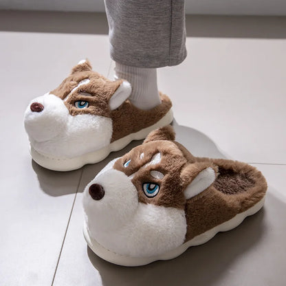 Men Home Cotton Slippers Cute Cartoon Dog Winter Warm Shoes For Couples Soft Plush Anti-slip Male Female Indoor Fluffy Slides