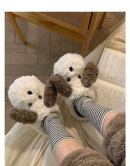 Short Fur Slippers for Women Winter Warm Furry Cozy Cotton Shoes for Home Indoor Cute Dog Couples Antiskid Slippers