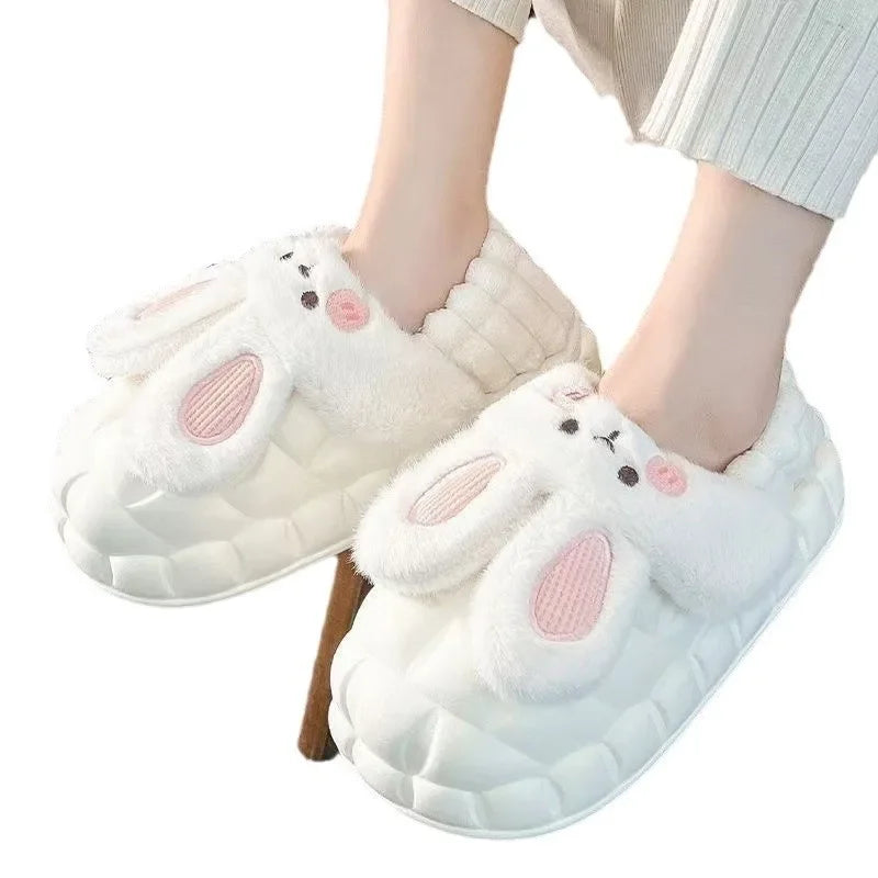 Women's Home Slippers Rabbit Fur Cotton Warm Anti-Slip Winter Outdoor Wearable Sweet Style Soft Cotton Lined House Shoes