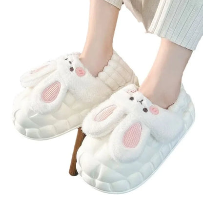 Women's Home Slippers Rabbit Fur Cotton Warm Anti-Slip Winter Outdoor Wearable Sweet Style Soft Cotton Lined House Shoes