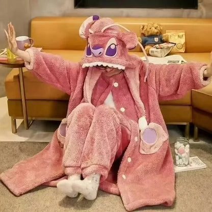 Cute Plush Bear Robe Women's Autumn Winter Coral Fleece Thickened One-Piece Sleepwear Home Clothes Robe Comfortable Homewear