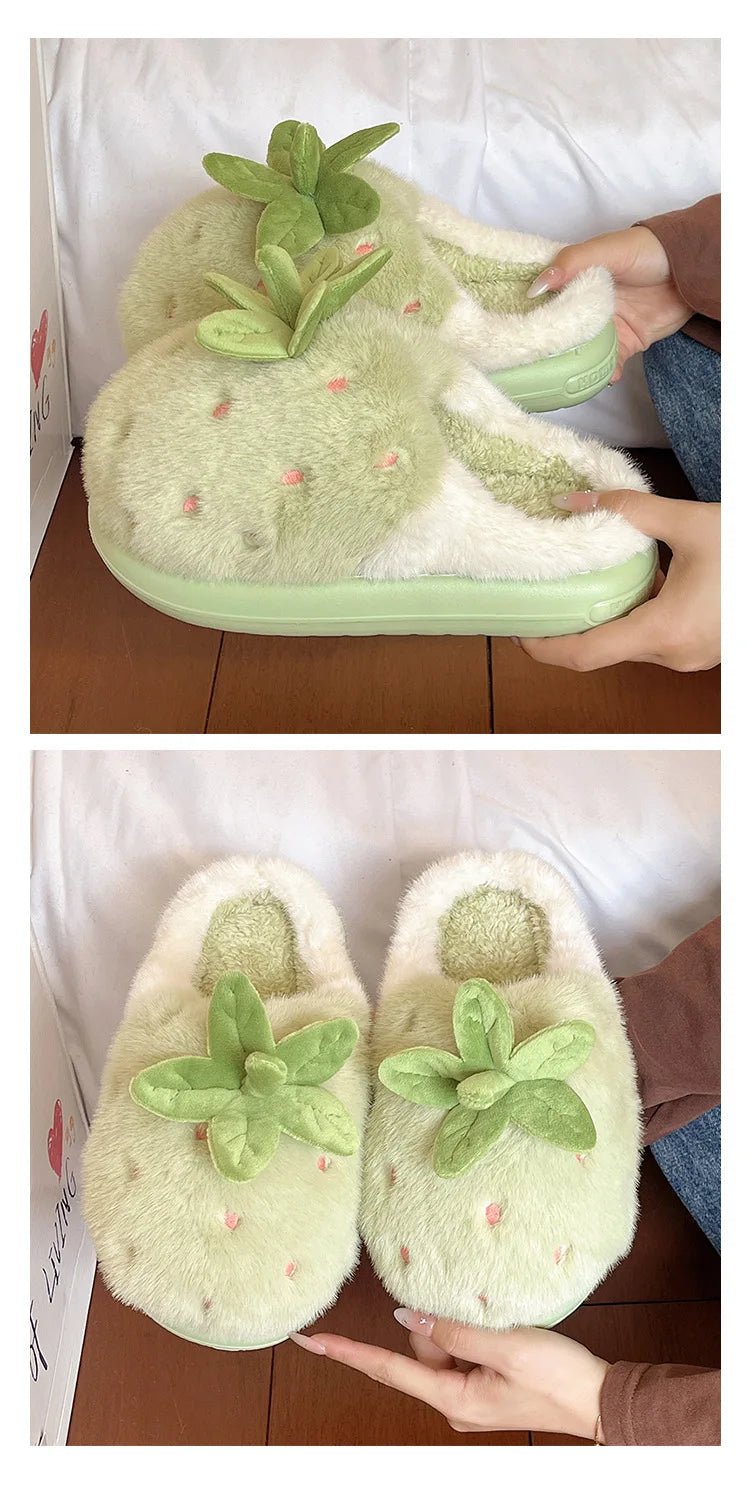 Cute Strawberry Fluffy Slippers Women's Indoor Home Warm Thick Bottom Anti-slip Outdoor Wearable Slip-On Indoor Slippers
