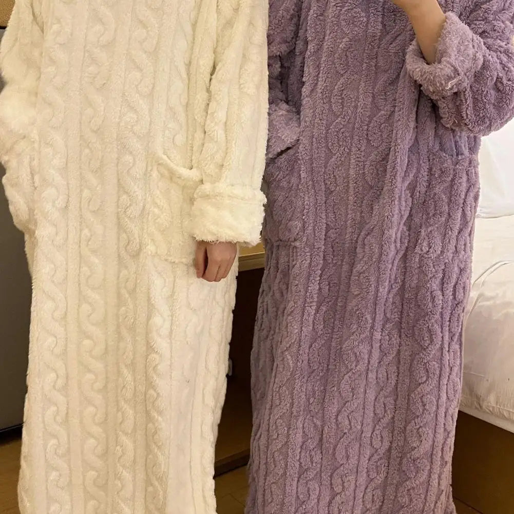 Winter Long Sleeve Flannel Nightgowns Women Loose Double Pocket Solid Sleepwear Jacquard Night Dress Thickened Warm Nightdress