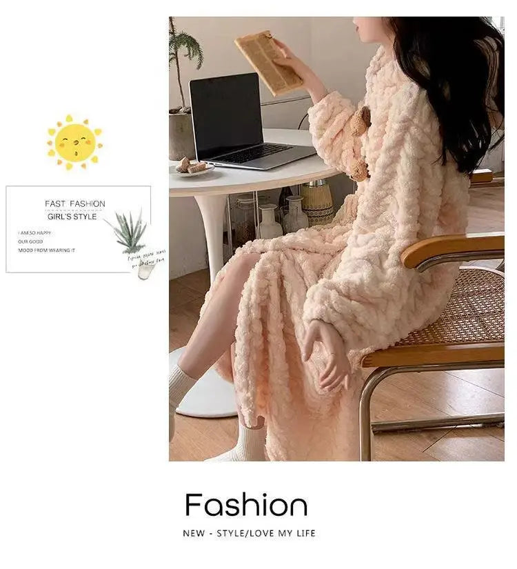 Korean Style Long Hooded Coral Fleece Sleepwear Women's Thickened Autumn Winter New Arrival Comfortable Home Leisure Robe