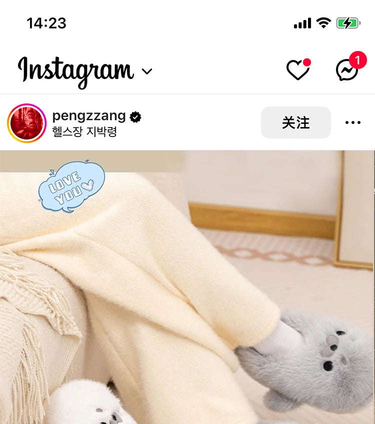 Little Seal Fluffy Home Slippers Anti-Slip Indoor Floor Shoes Cartoon Cute Plush Thicken Warm Cotton Shoes