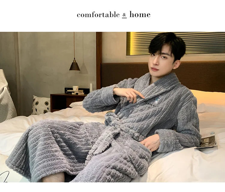 Turn-down V-neck Robes for Men 2025 New Winter Warm Flannel Robes Solid Soft Thick Fleece Sleepwear Male Casual Loose Home Wear