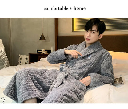 Turn-down V-neck Robes for Men 2025 New Winter Warm Flannel Robes Solid Soft Thick Fleece Sleepwear Male Casual Loose Home Wear