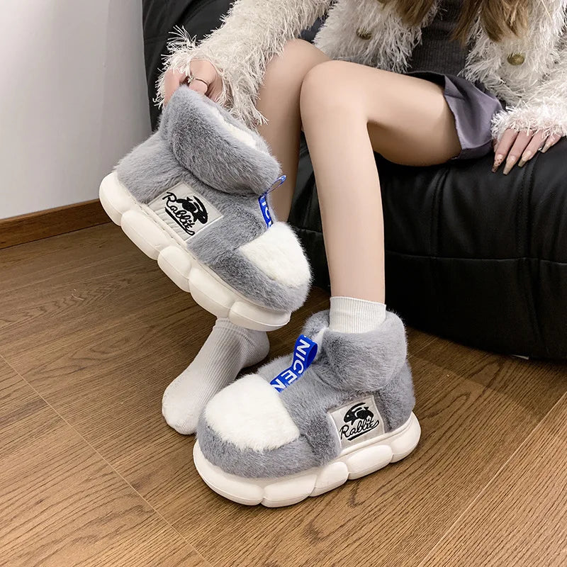 Women Warm Cotton Shoes Couples Winter Home Slippers Soft Plush Thick Sole Fluffy Footwear Female Male Indoor Street Snow Boots