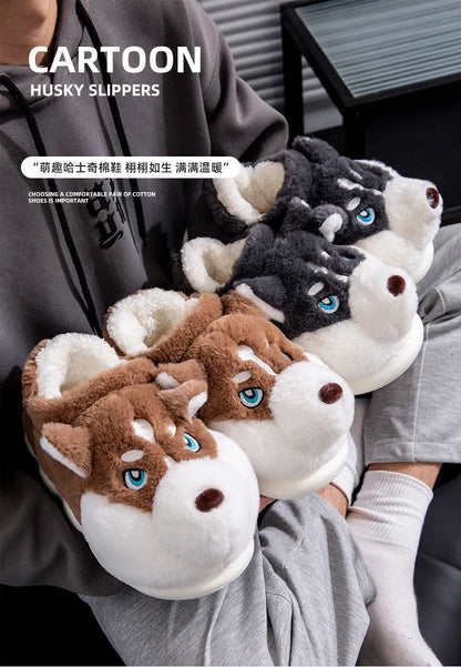 Men Home Cotton Slippers Cute Cartoon Dog Winter Warm Shoes For Couples Soft Plush Anti-slip Male Female Indoor Fluffy Slides