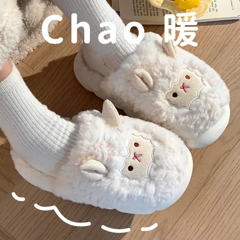Cute Sheep Plush Slippers For Women Men Fashion Kawaii Fluffy Winter Warm Slides Lovers Cartoon Comfortable House Shoes