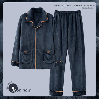 Autumn Winter Long Sleeve Thicked Warm Flannel Pajama Sets for Men Cozy Coral Velvet Sleepwear 2 Pieces Man Lounge Homewear Suit