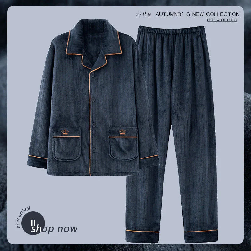 Autumn Winter Long Sleeve Thicked Warm Flannel Pajama Sets for Men Cozy Coral Velvet Sleepwear 2 Pieces Man Lounge Homewear Suit