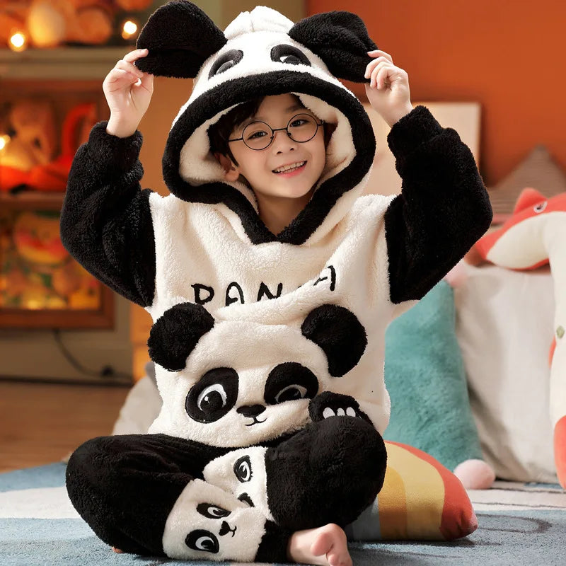 Winter Kids Fleece Pajamas Panda Children Clothing Sets Thick Hooded Pijamas for 4 6 8 12 Years Animal Cartoon Warm Home Clothes