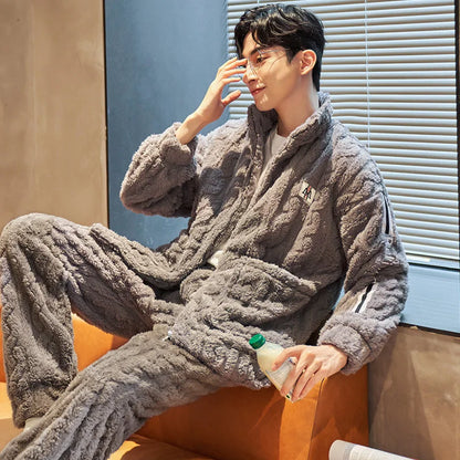 2 piece men's sleepwear long sleeved pants autumn and winter coral fleece thick jacquard fabric Pajama home suit set