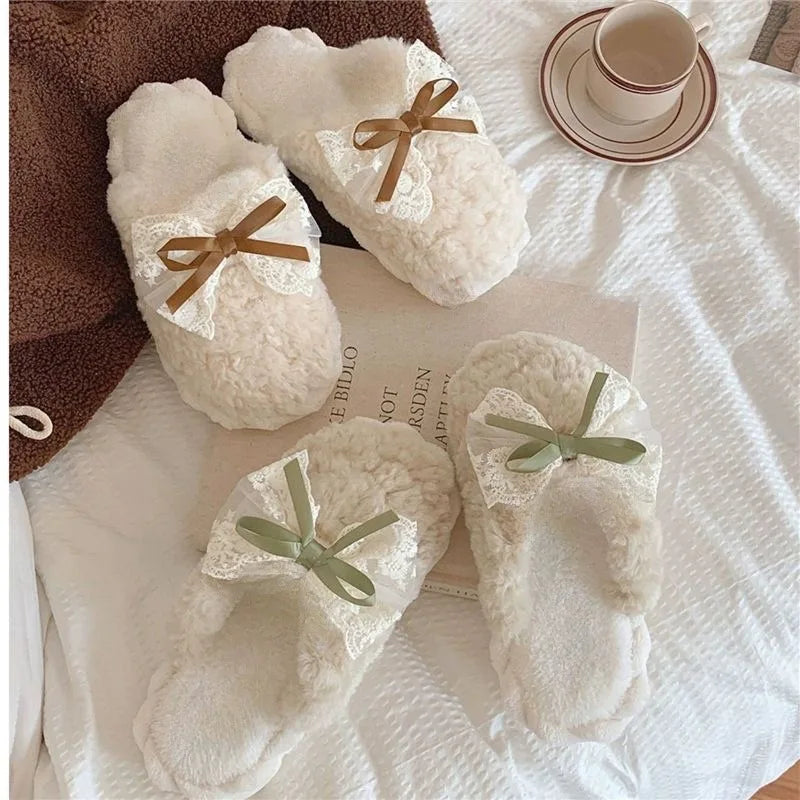 Winter Warm Fur Slippers for Women Cute Bow House Non Slip Soft Shoes Comfort Flat Heel Home Indoor Bedroom Plush Cotton Slides