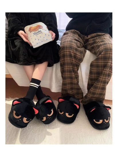 Winter black unhappy kitty slippers women men indoor home slides shoes ladies fun fuzzy kitten slipper cat lovers indoor shoes