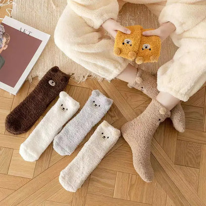 6 pairs of autumn winter coral fleece socks warm bear thick embroidery cartoon simple  comfortable mid tube socks